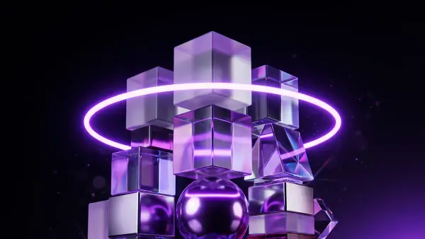 Composition CGI de formes en verre et lumière violette