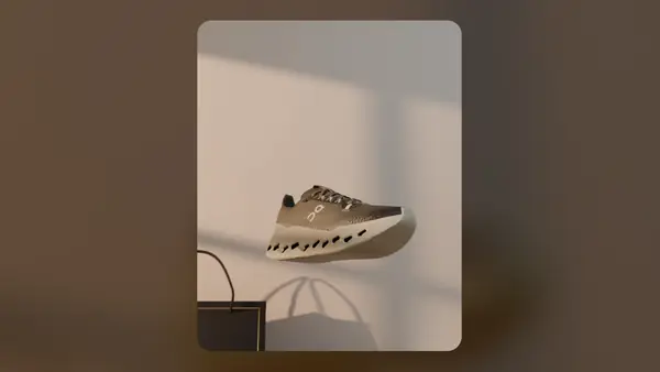 Paire de chaussures de course sur un podium en 3D pour un lancement de produit