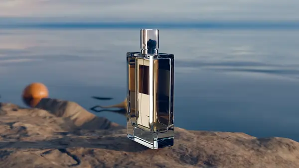 Flacon de parfum en 3D dans un décor naturel au coucher du soleil