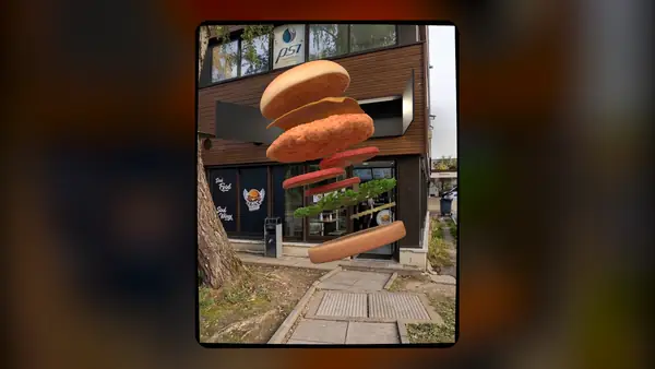 Burger en 3D qui sort de l'enseigne d'un restaurant, effet FOOH