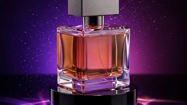 Rendu 3D photoréaliste d'un flacon de parfum en verre