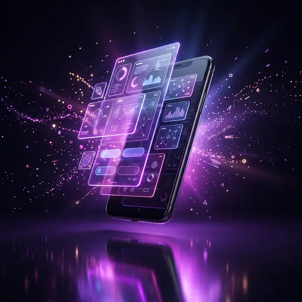 Smartphone en 3D dont l'interface se décompose en panneaux
