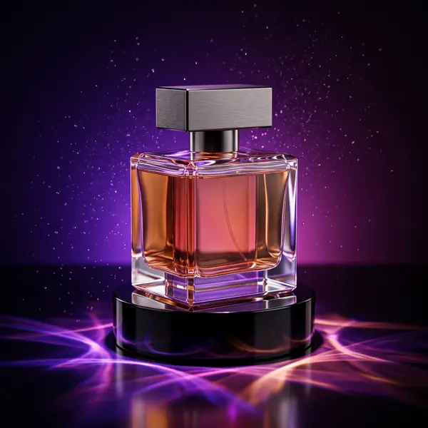 Publicité CGI d'un flacon de parfum sur socle noir